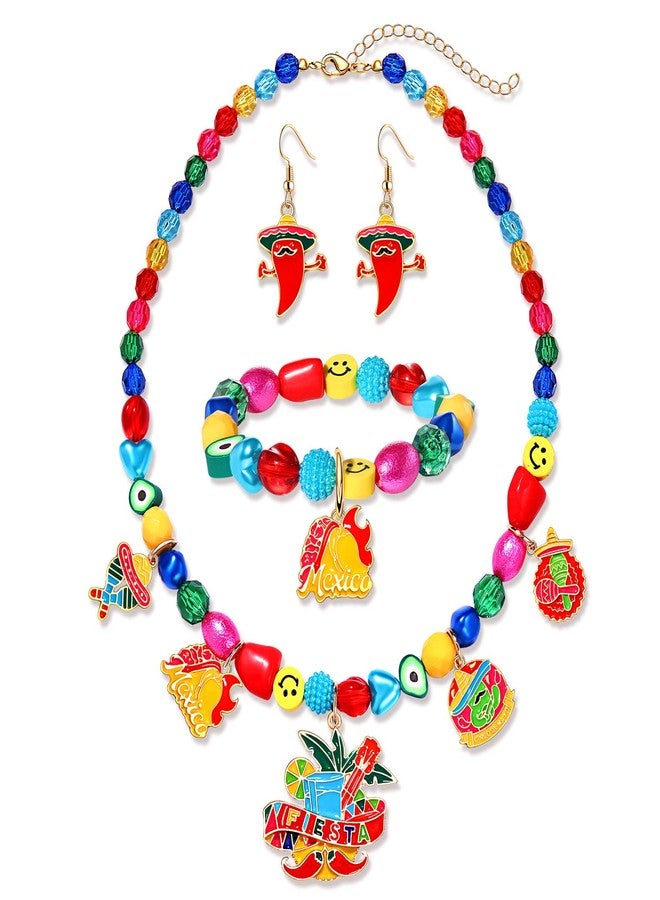 PHALIN Cinco De Mayo Necklace Bracelet Earrings for Women, Mexican Beaded Choker Necklace Stretch Bracelet Fiesta Chili Earrings Statement Mexican Accessory Jewelry Gifts (Style B) - Image 5