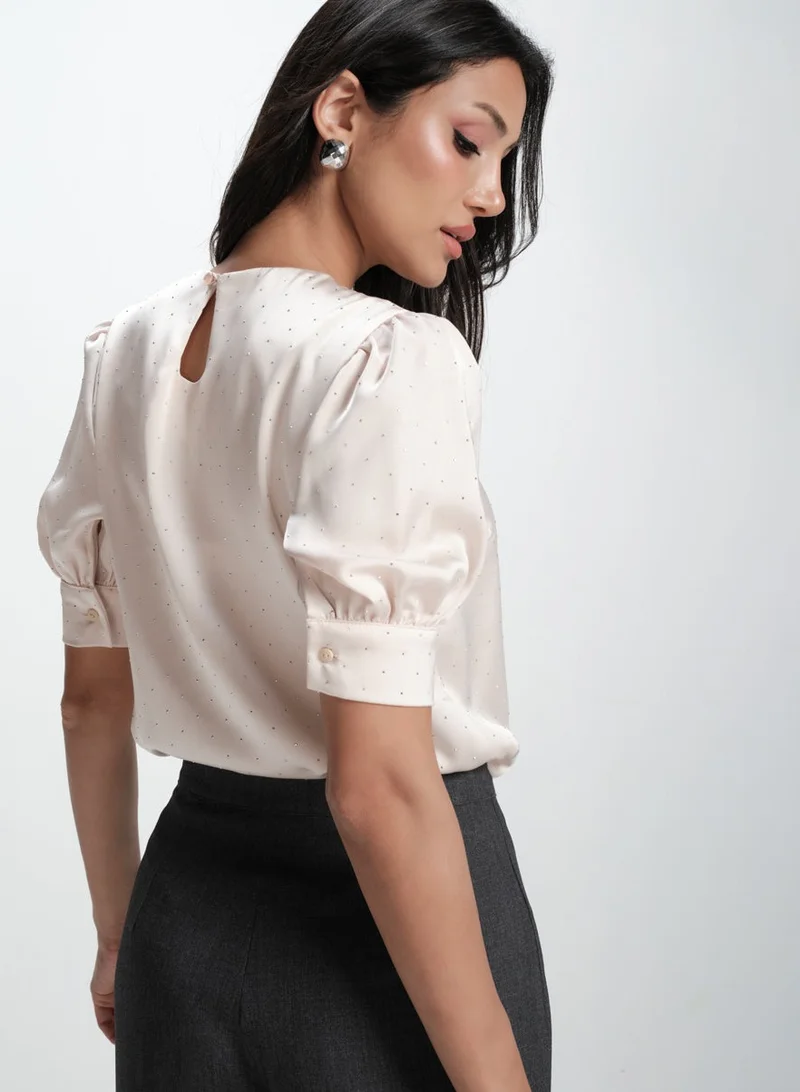 Zigzag Half Sleeve Glitter Dotted Satin Top