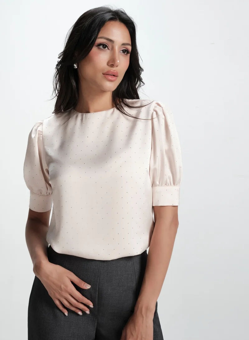 Zigzag Half Sleeve Glitter Dotted Satin Top