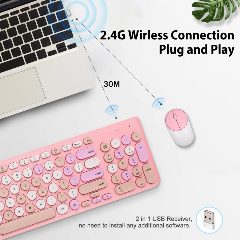 GUKJOB Wireless Keyboard and Mouse Combo, Retro Typewriter Keyboard with Round Keycaps, 2.4GHz USB Cute Wireless Keyboard Mouse for Computer, Desktop, Laptop and Computer (Pink-Colorful) - Image 2