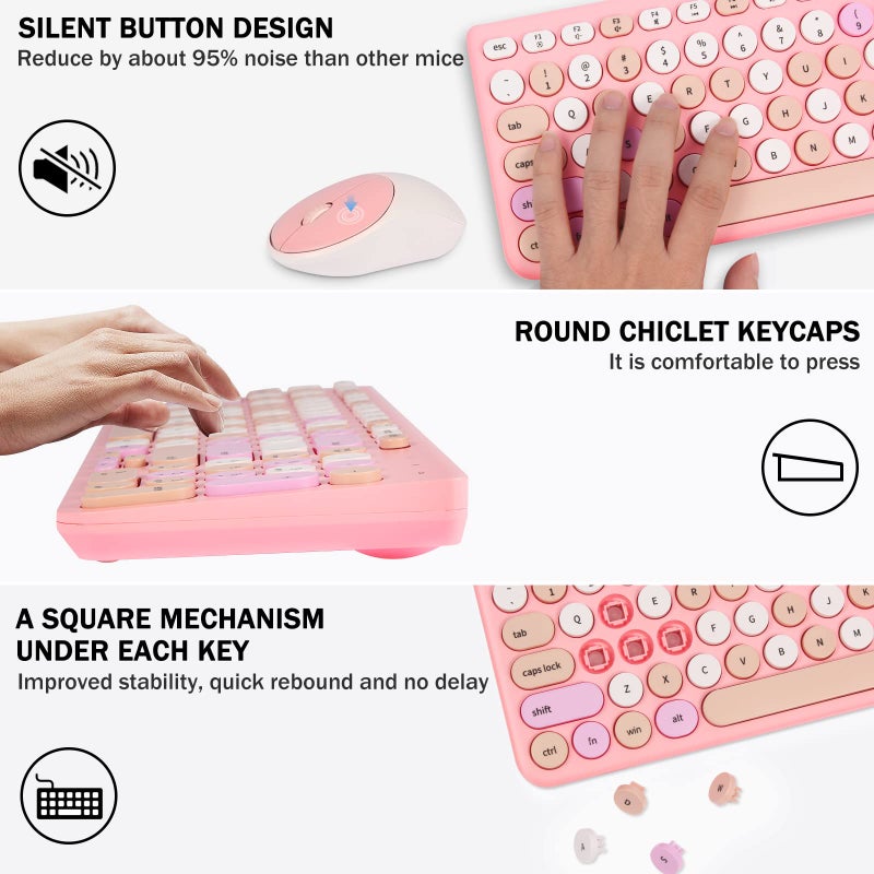 GUKJOB Wireless Keyboard and Mouse Combo, Retro Typewriter Keyboard with Round Keycaps, 2.4GHz USB Cute Wireless Keyboard Mouse for Computer, Desktop, Laptop and Computer (Pink-Colorful) - Image 4
