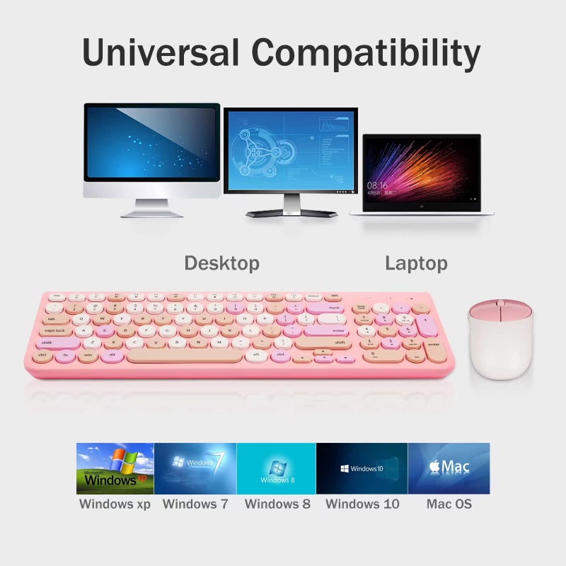 GUKJOB Wireless Keyboard and Mouse Combo, Retro Typewriter Keyboard with Round Keycaps, 2.4GHz USB Cute Wireless Keyboard Mouse for Computer, Desktop, Laptop and Computer (Pink-Colorful) - Image 5
