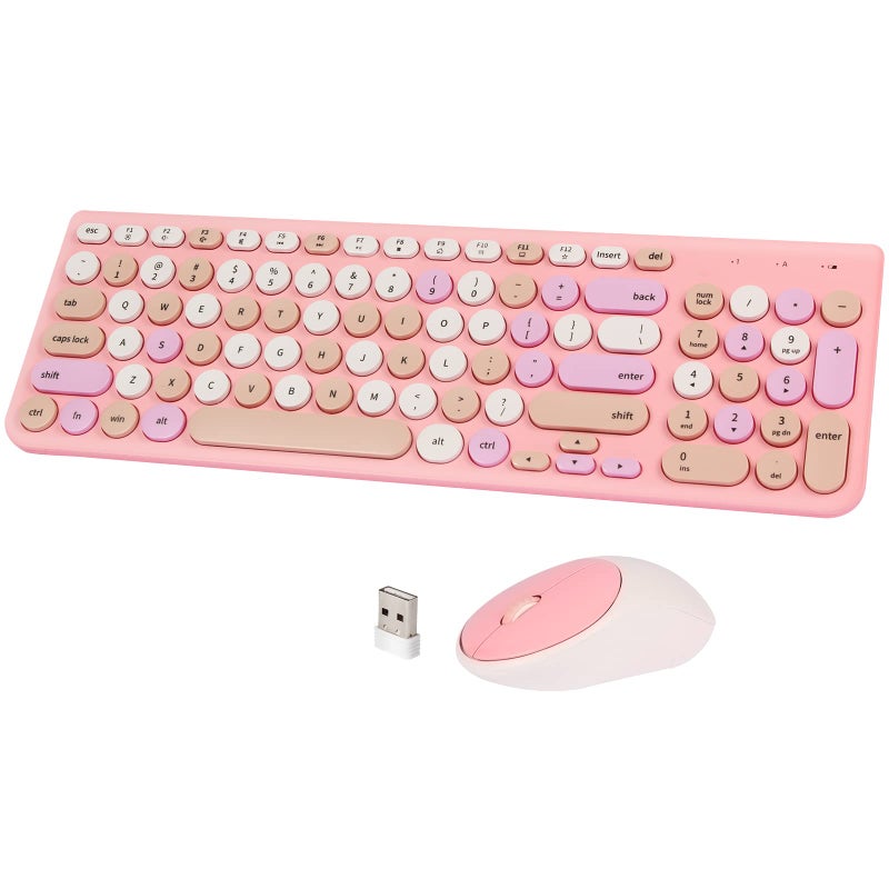 GUKJOB Wireless Keyboard and Mouse Combo, Retro Typewriter Keyboard with Round Keycaps, 2.4GHz USB Cute Wireless Keyboard Mouse for Computer, Desktop, Laptop and Computer (Pink-Colorful) - Image 1