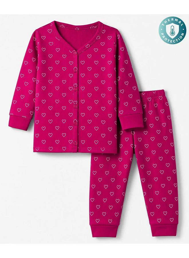 Babyhug Babyhug Cotton Knit Full Sleeves Front Open Thermal Inner Wear Set with Heart Print - Fuchsia
