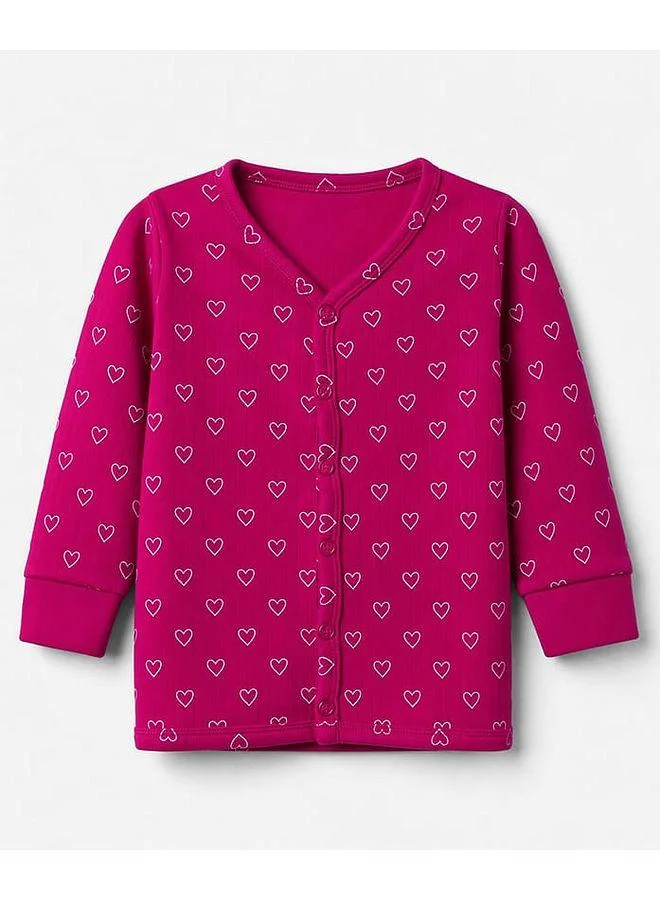 Babyhug Babyhug Cotton Knit Full Sleeves Front Open Thermal Inner Wear Set with Heart Print - Fuchsia