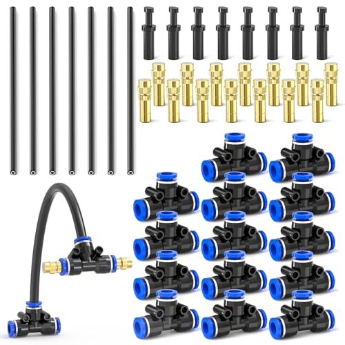 MEANLIN 8PCS Brass Misting Nozzles Tee with 12 Inch Built in Hose Adjustable 360 Rotation Nozzles Water Mister Nozzles Thread Sprayer Parts for Outdoor Cooling System Watering System Patio Mister - Image 1