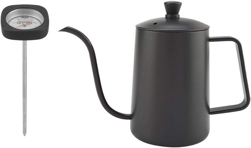 klarako Stainless Steel Coffee Kettle,600ml Teflon Coating Gooseneck Spout Teapot,Drip Coffee Tea Kettle with Thermometer can Measure Water Milk Bread Temperature for Home Office(Black) - Image 1