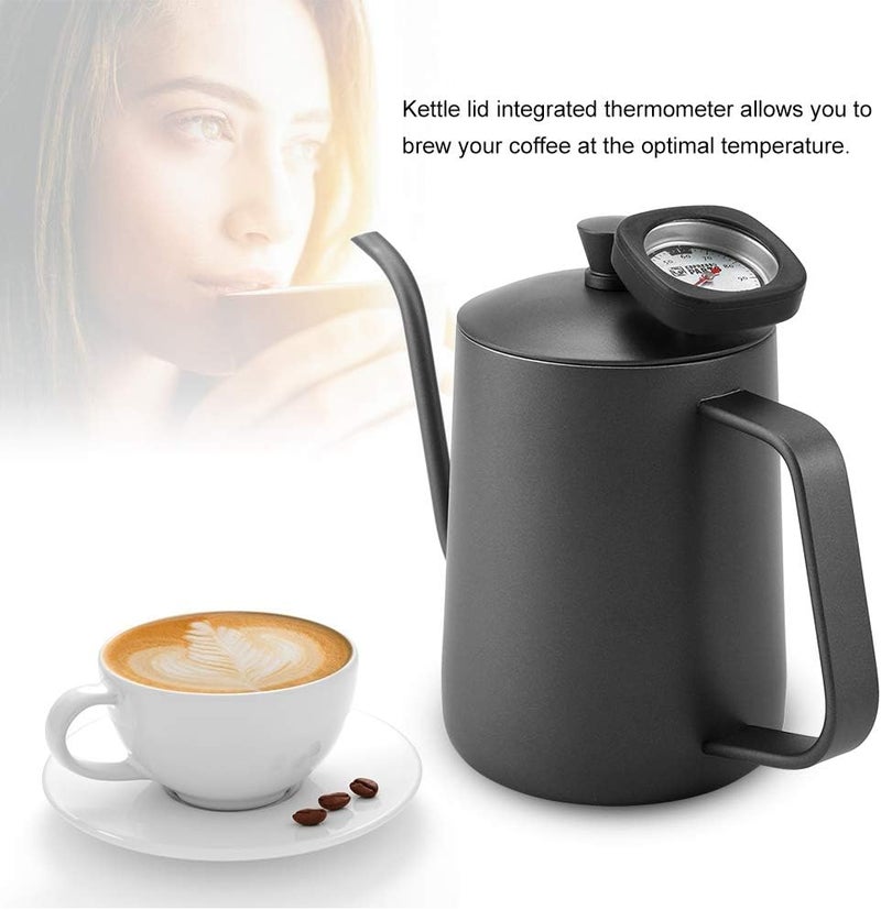 klarako Stainless Steel Coffee Kettle,600ml Teflon Coating Gooseneck Spout Teapot,Drip Coffee Tea Kettle with Thermometer can Measure Water Milk Bread Temperature for Home Office(Black) - Image 2