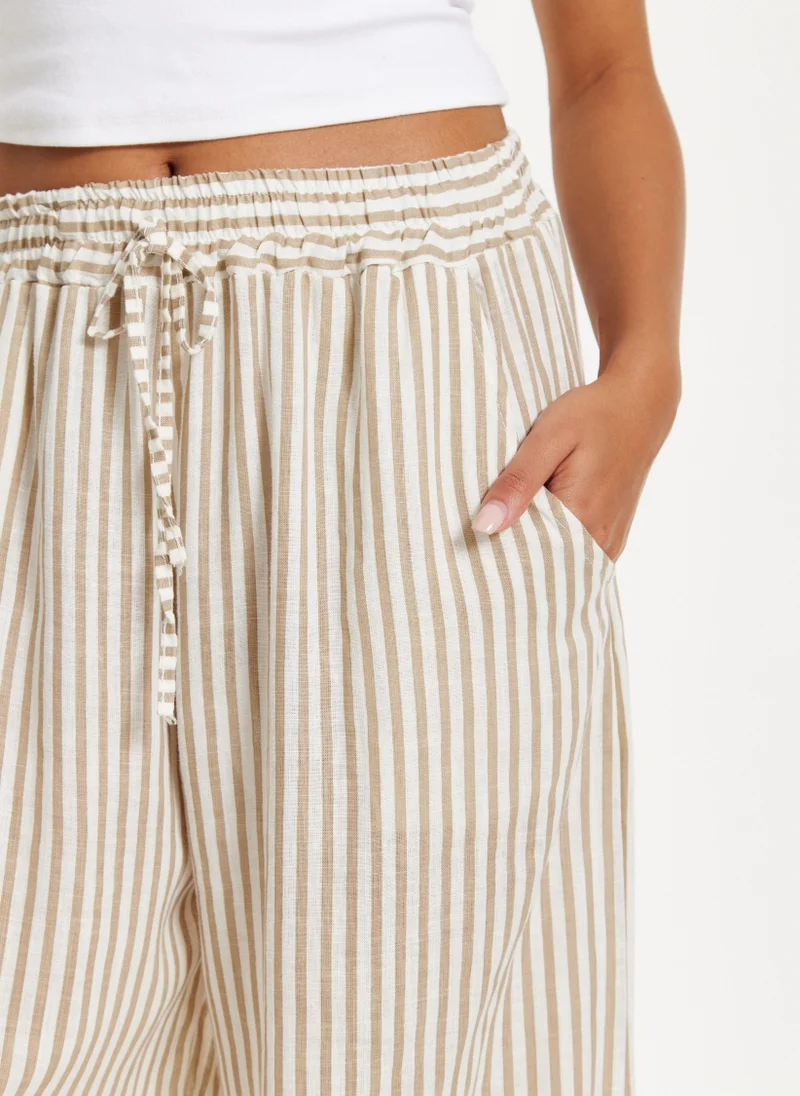Liquorish Beige Striped Wide Leg Trousers