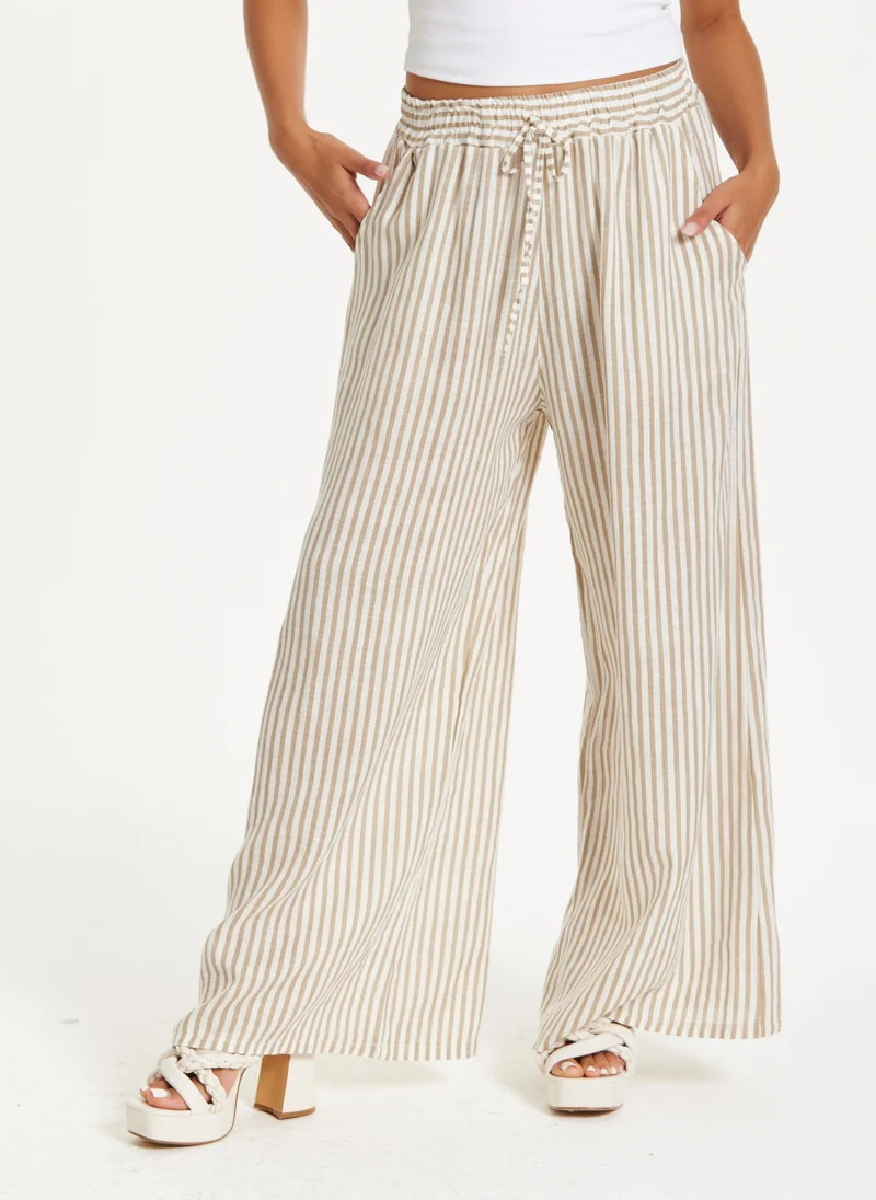 Liquorish Beige Striped Wide Leg Trousers