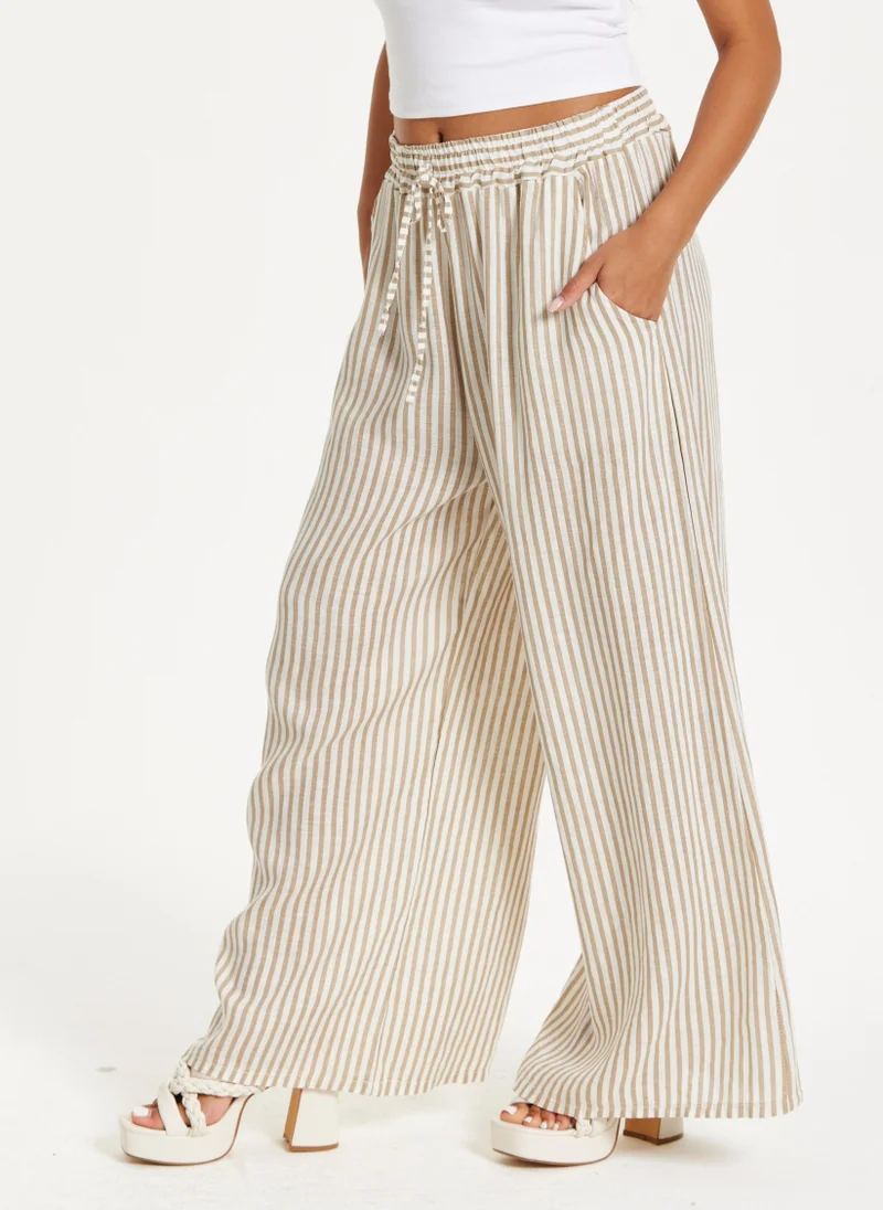 Liquorish Beige Striped Wide Leg Trousers