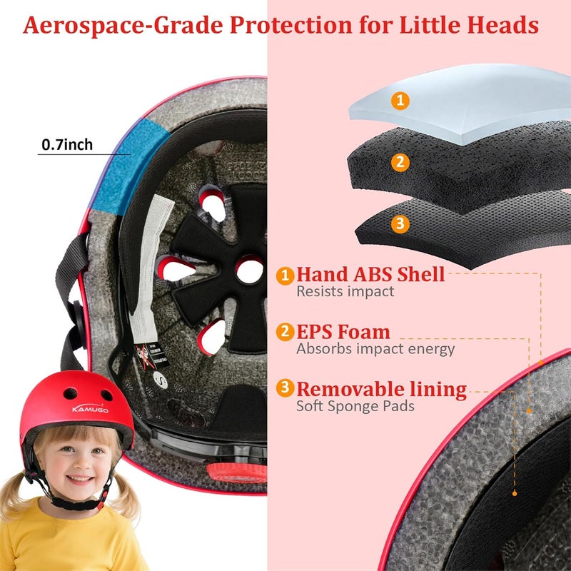 KAMUGO Kids Adjustable Helmet, with Sports Protective Gear Set Knee Elbow Wrist Pads for Toddler Age 2-8 Boys Girls, Bike Skateboard Hoverboard Scooter Rollerblading Helmet Set - Image 3