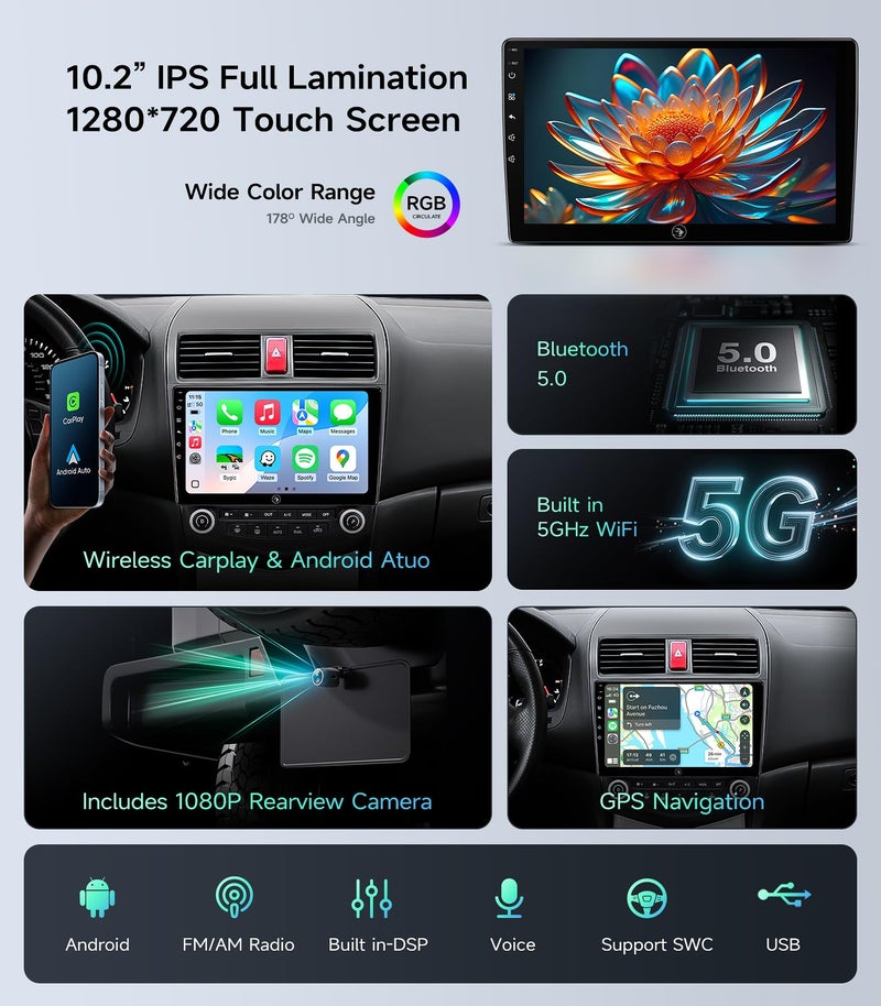 AINAVIGO 10.2" Car Stereo Radio for Honda Accord 2003-2007 - Wireless CarPlay & Android Auto | 5G WiFi IPS HD Touchscreen | GPS Navigation | Bluetooth FM/SWC | 1080P Backup Camera - Image 5