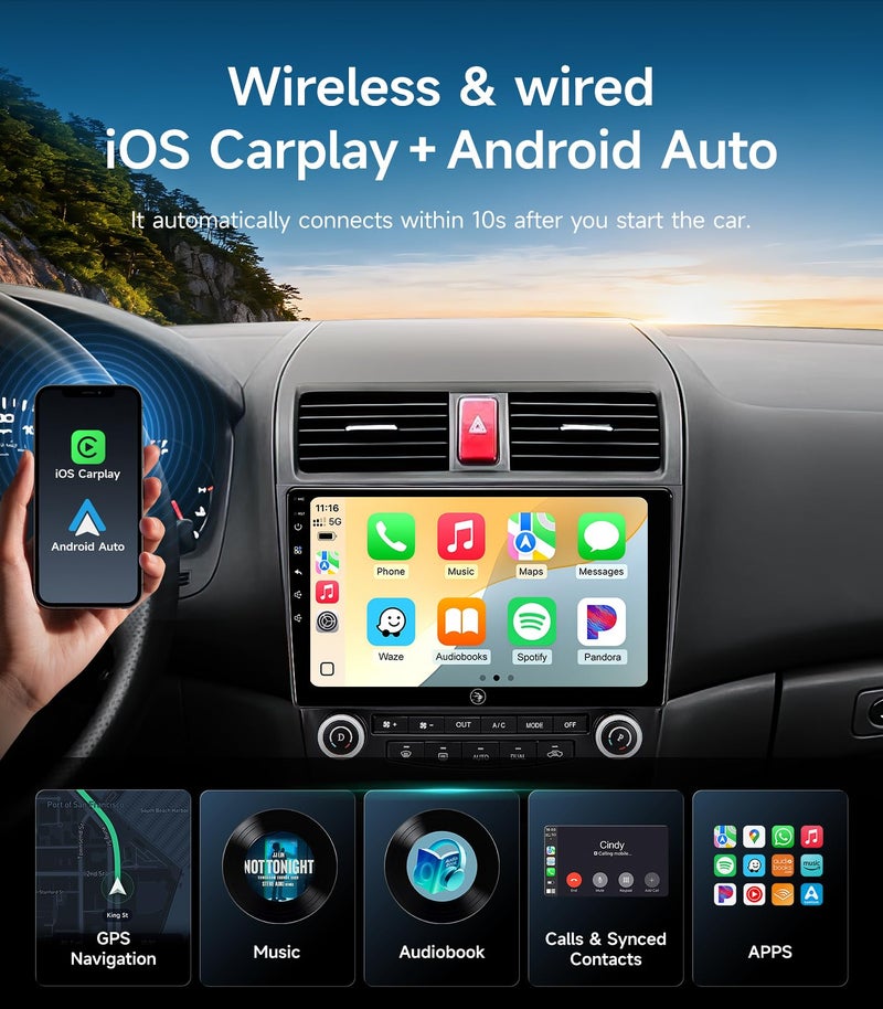 AINAVIGO 10.2" Car Stereo Radio for Honda Accord 2003-2007 - Wireless CarPlay & Android Auto | 5G WiFi IPS HD Touchscreen | GPS Navigation | Bluetooth FM/SWC | 1080P Backup Camera - Image 3