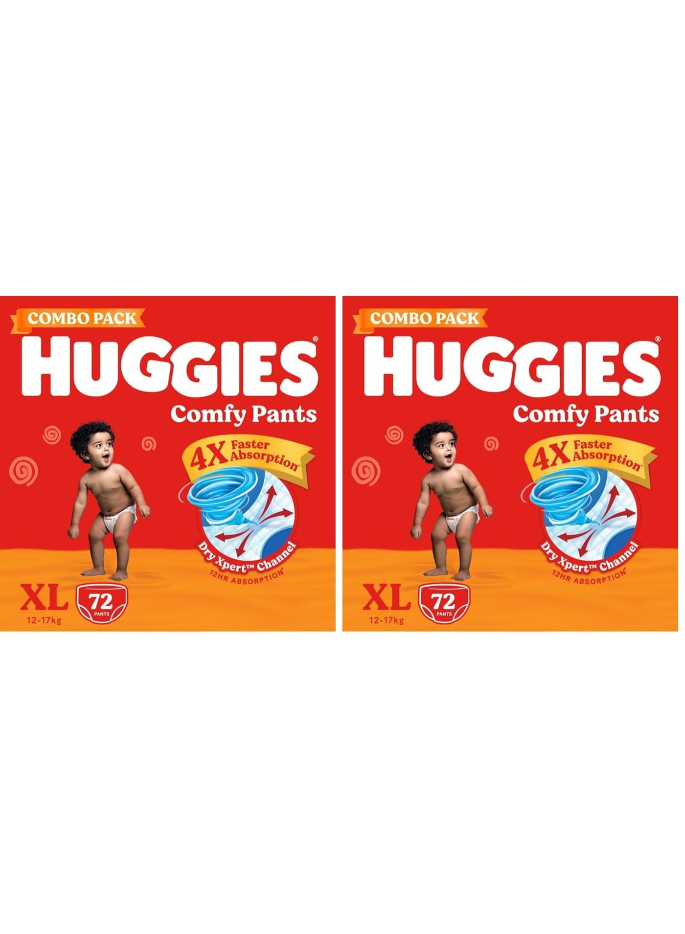 Huggies Comfy Pants Baby Diaper, Extra Large (XL) Size (12-17 Kgs), Pack of 144 (72 count, Pack of 2)