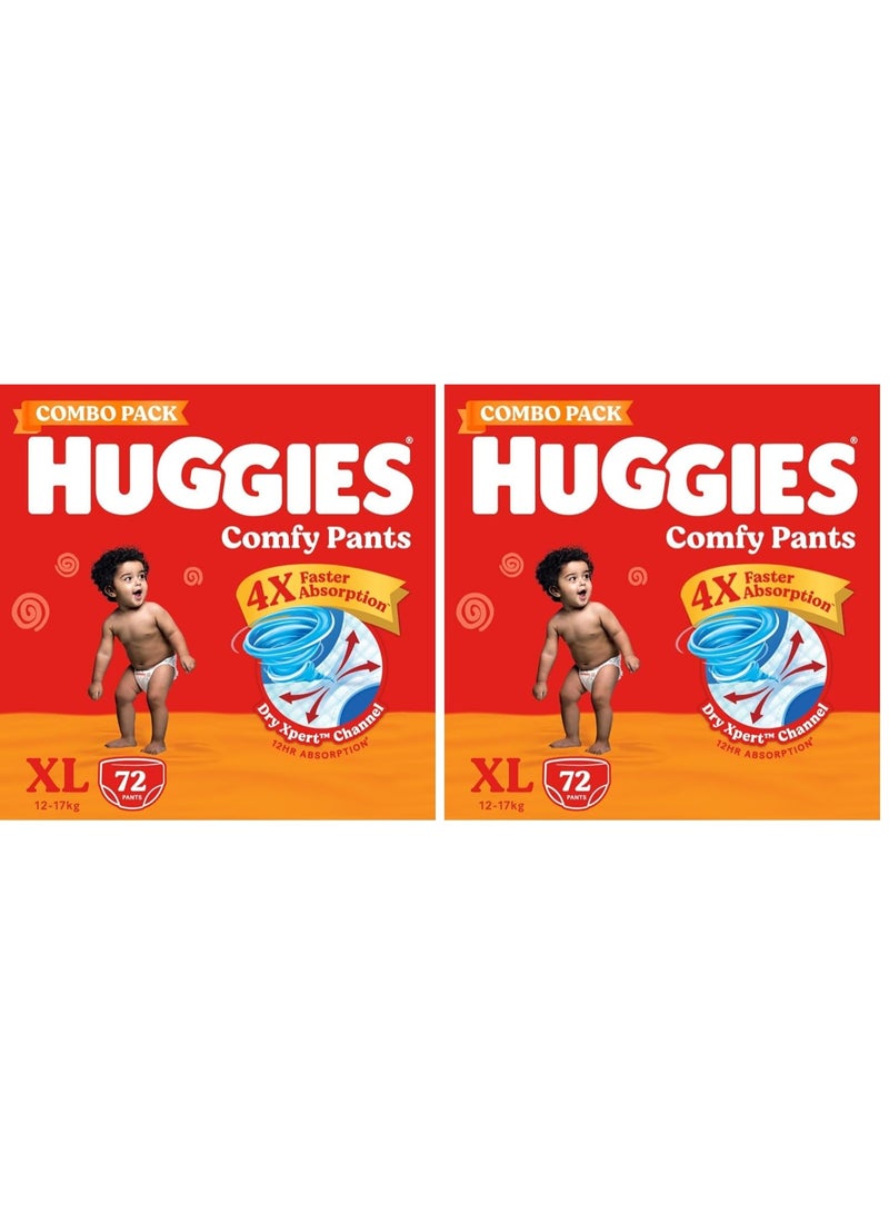Huggies Comfy Pants Baby Diaper, Extra Large (XL) Size (12-17 Kgs), Pack of 144 (72 count, Pack of 2) - Image 1