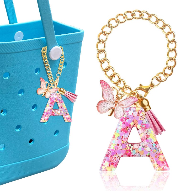 HLUWA Letter Keychains Charms for Bogg Bag, Alphabet Pink Sequin Decorative Letter Accessories Charms for Simply Southern Bag. (A) - Image 1