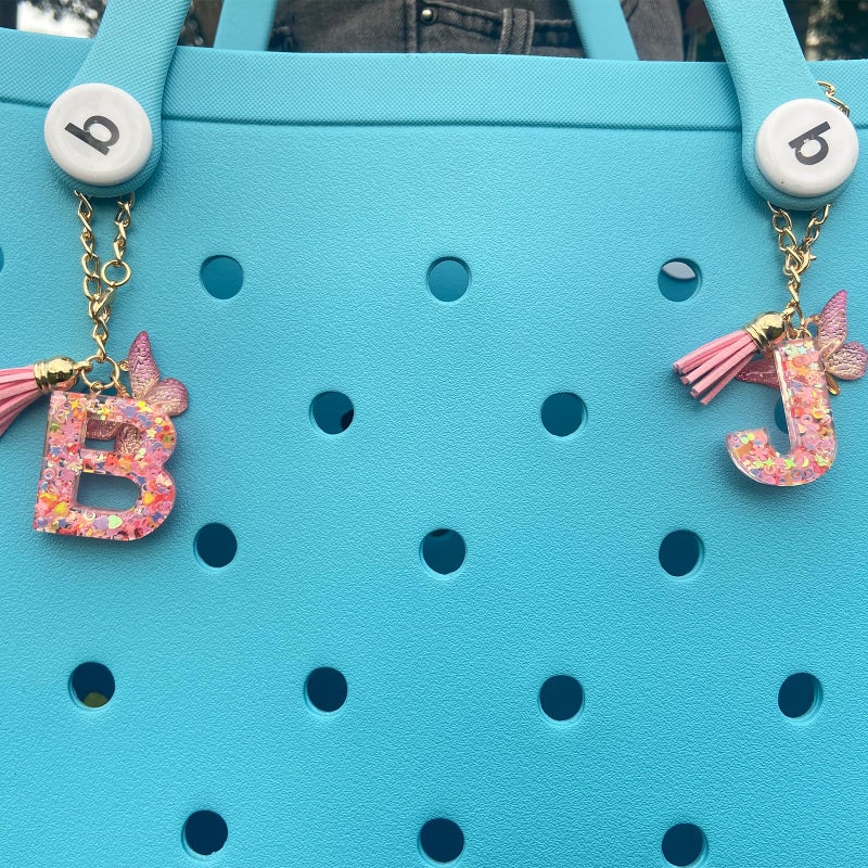 HLUWA Letter Keychains Charms for Bogg Bag, Alphabet Pink Sequin Decorative Letter Accessories Charms for Simply Southern Bag. (A) - Image 5