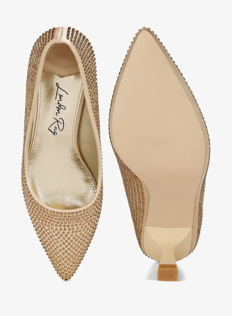 London Rag Rhinestones Embellished Kitten Heel Pumps in Gold
