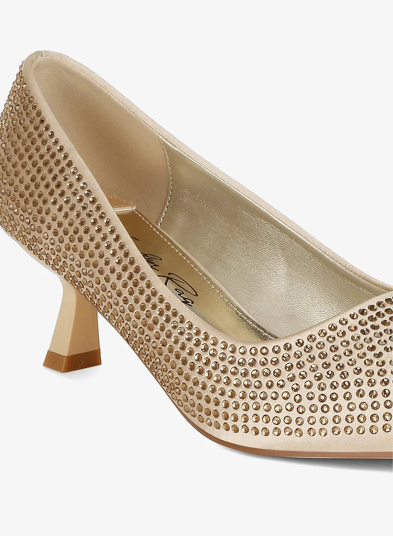London Rag Rhinestones Embellished Kitten Heel Pumps in Gold