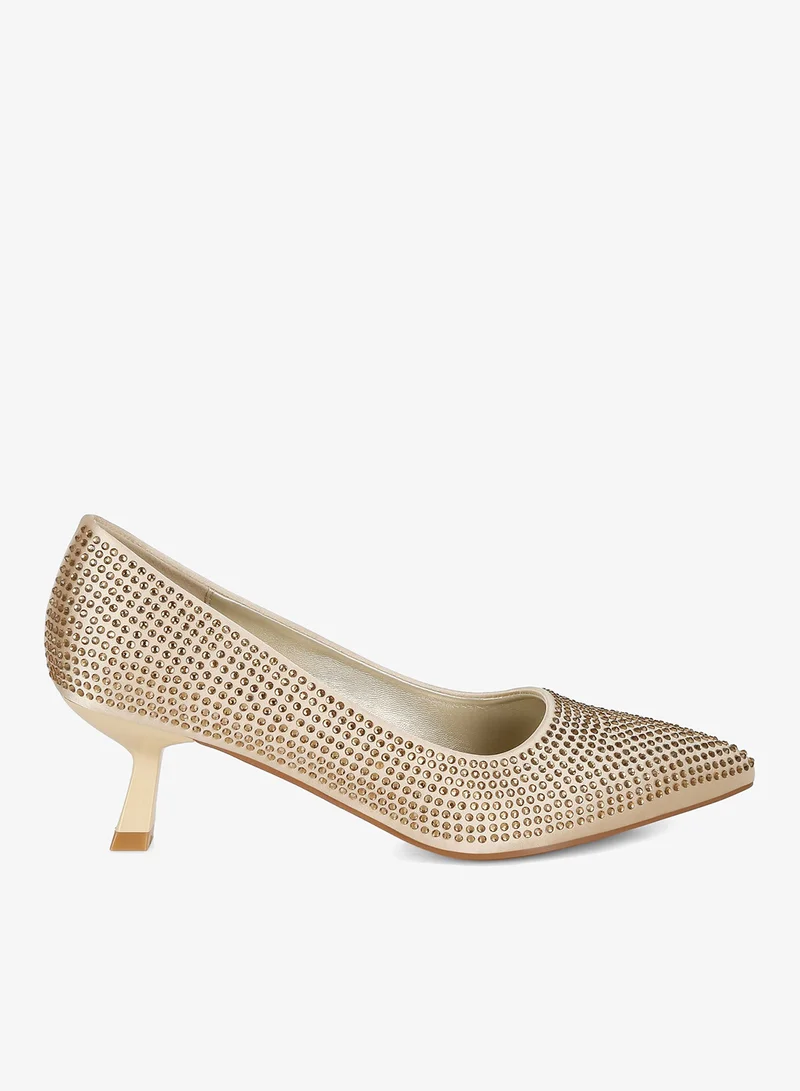Rhinestones Embellished Kitten Heel Pumps in Gold
