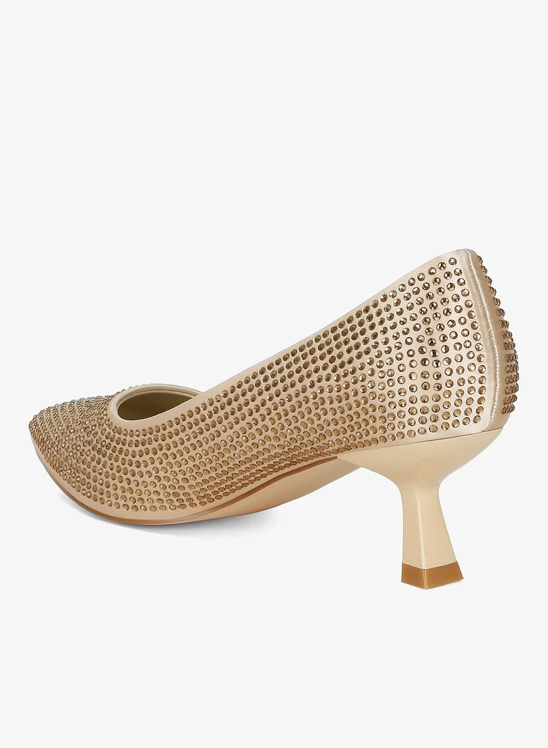 London Rag Rhinestones Embellished Kitten Heel Pumps in Gold