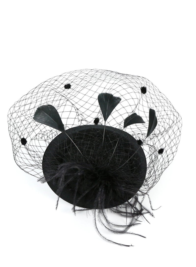 1950s Vintage Fascinator Hat, Faux Feather Mesh Net Hat Tea Party Headwear with Veil and Women Short Lace Gloves and 3 Pcs Necklace Earrings Set Costume Accessories for Girls Wedding (Black) - Image 2