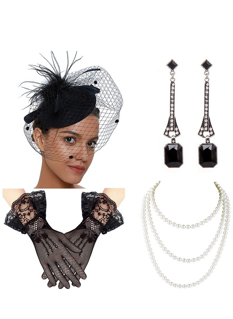 1950s Vintage Fascinator Hat, Faux Feather Mesh Net Hat Tea Party Headwear with Veil and Women Short Lace Gloves and 3 Pcs Necklace Earrings Set Costume Accessories for Girls Wedding (Black) - Image 1