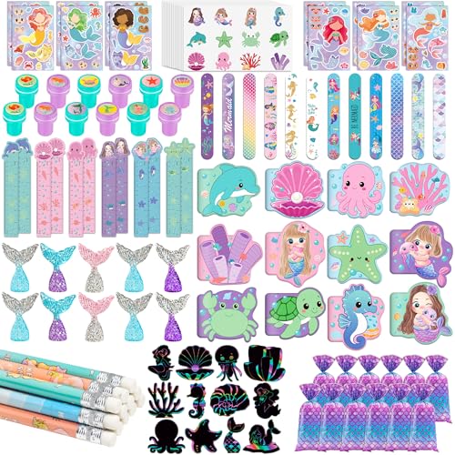 CHEPULA 120Pcs Mermaid Party Favors Stickers Pencils Notebooks Stampers School Stationery Bulk for Mermaid Birthday Decorations Candy Goodie Bags Classroom Rewards Pinata Supplies 12Set - Image 1