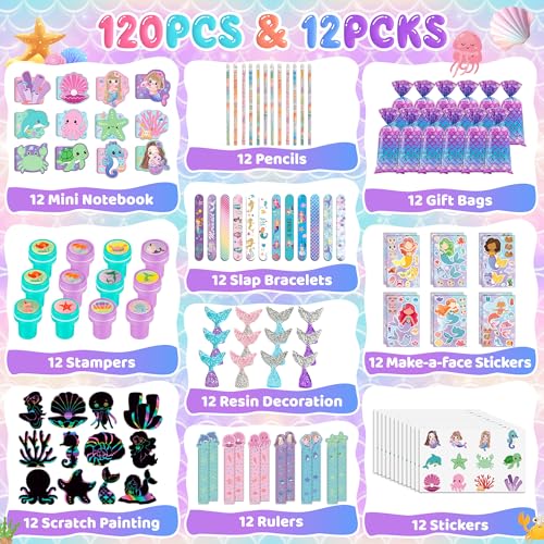 CHEPULA 120Pcs Mermaid Party Favors Stickers Pencils Notebooks Stampers School Stationery Bulk for Mermaid Birthday Decorations Candy Goodie Bags Classroom Rewards Pinata Supplies 12Set - Image 5