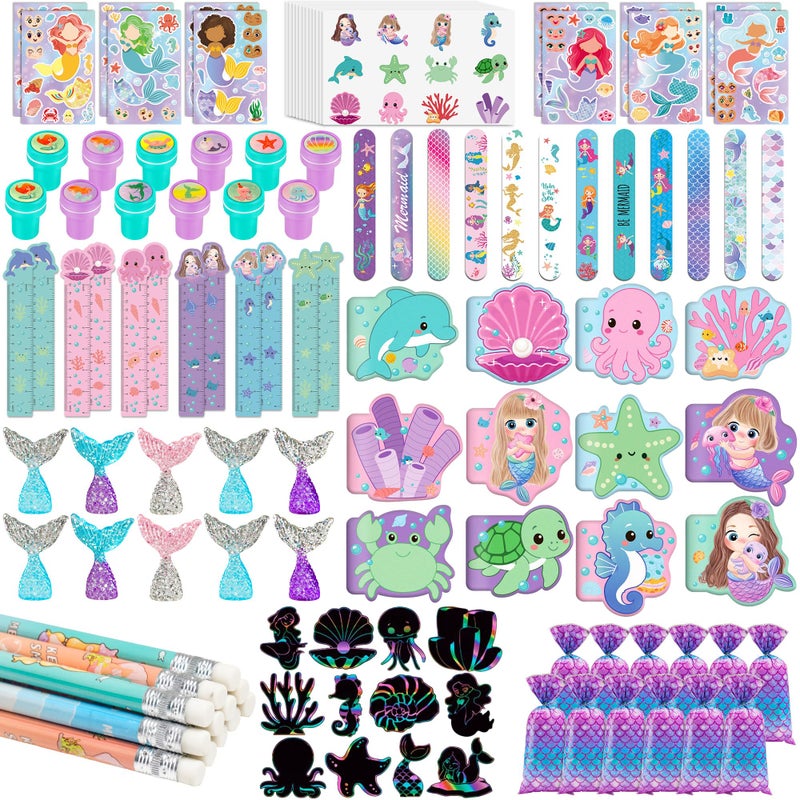 CHEPULA 120Pcs Mermaid Party Favors Stickers Pencils Notebooks Stampers School Stationery Bulk for Mermaid Birthday Decorations Candy Goodie Bags Classroom Rewards Pinata Supplies 12Set - Image 3