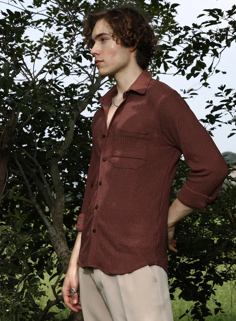 CAHOOT  Men's Chocolate Brown Solid Tactile-Woven Shirt for Men | Best Price UAE