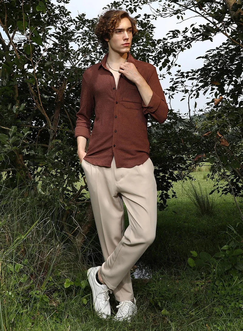CAHOOT  Men's Chocolate Brown Solid Tactile-Woven Shirt for Men | Best Price UAE