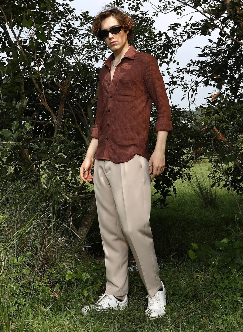 CAHOOT  Men's Chocolate Brown Solid Tactile-Woven Shirt for Men | Best Price UAE