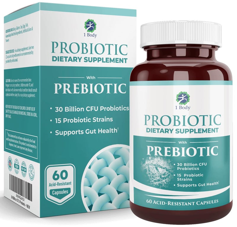 1 Body 30 Billion CFU Probiotic Supplement with Prebiotics – Patented Acid Resistant Capsules to Promote Gut Health, Support Immune System – Probiotics for Women and Men - 60 Vegetarian Capsules - Image 1