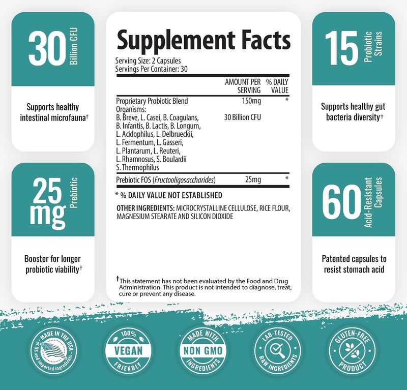 1 Body 30 Billion CFU Probiotic Supplement with Prebiotics – Patented Acid Resistant Capsules to Promote Gut Health, Support Immune System – Probiotics for Women and Men - 60 Vegetarian Capsules - Image 2