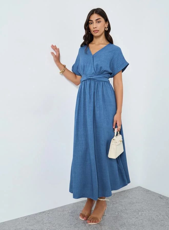 Take Two Take Two Blue Gathered Waist Midi Dress