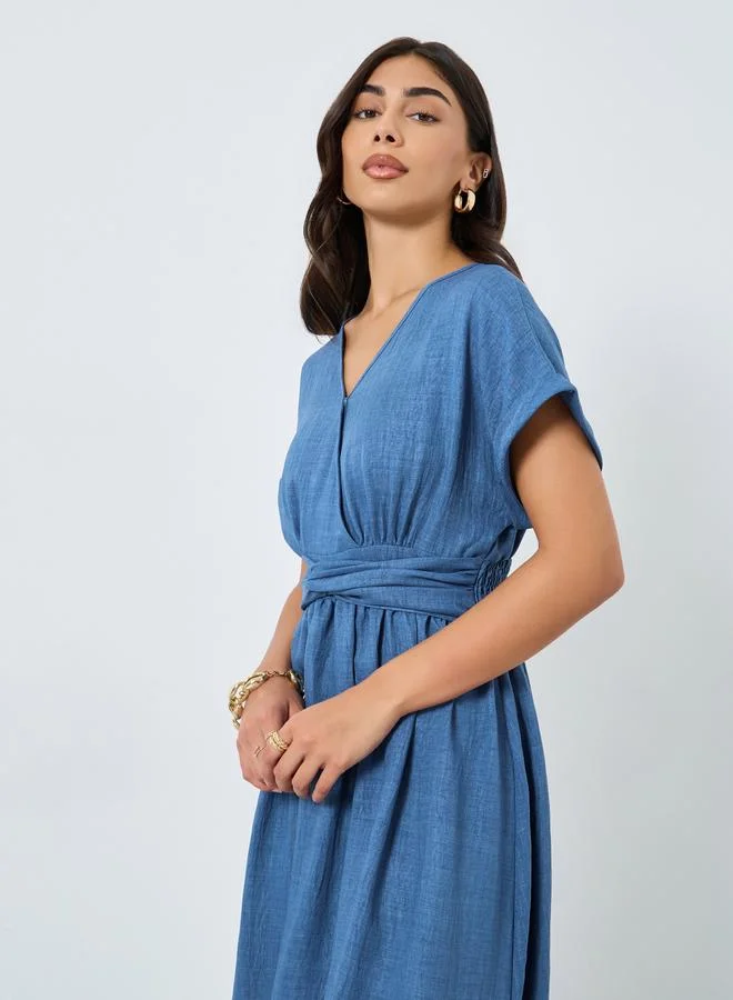 Take Two Take Two Blue Gathered Waist Midi Dress