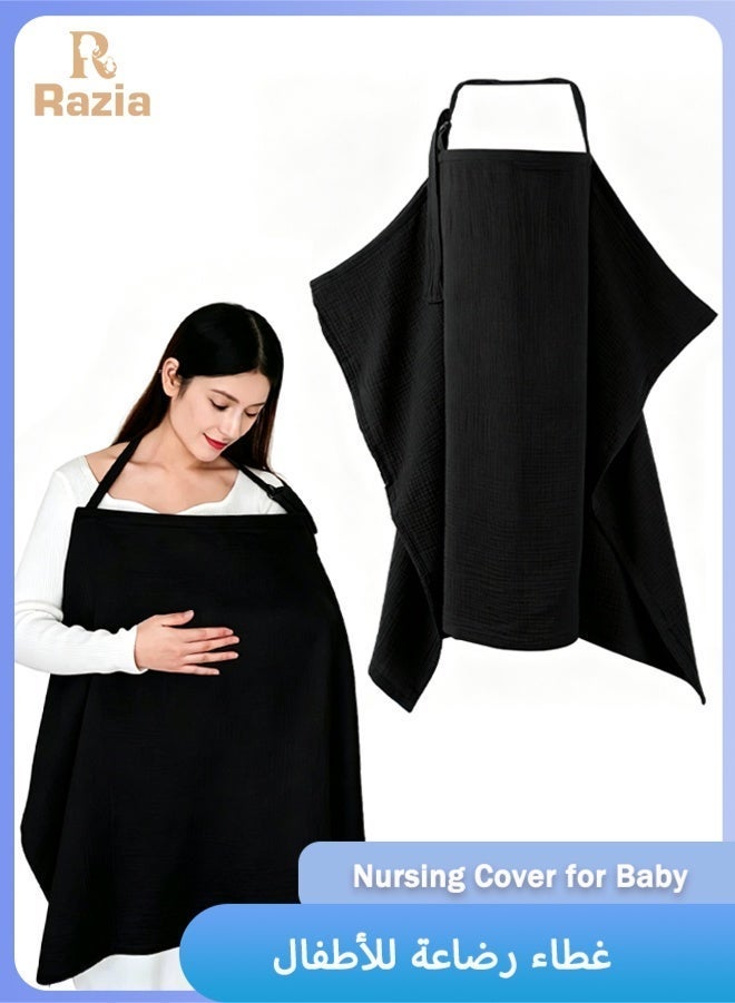 Razia 100% Cotton Nursing Cover, Breathable Breastfeeding Apron, Adjustable Neck Strap Privacy Cover for Outdoor Public Feeding, Multi-use Soft Nursing Shawl for Mom,Black - Image 1