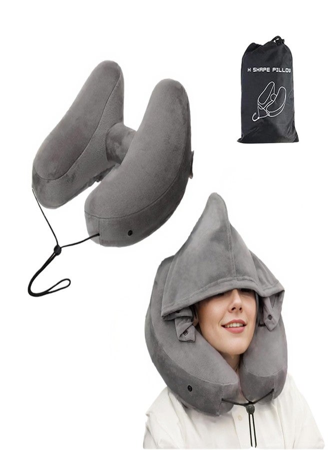 Inflatable Travel Pillow, Neck Pillow for Travel with Hood for Airplane, Velvet Memory Foam Neck Pillow Adult Head & Neck Support, for Long Flights Plane, Office, Cars Sleeping & Rest (Gray) - Image 1