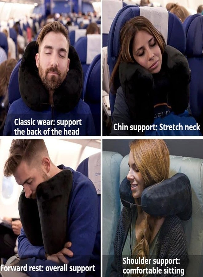 Inflatable Travel Pillow, Neck Pillow for Travel with Hood for Airplane, Velvet Memory Foam Neck Pillow Adult Head & Neck Support, for Long Flights Plane, Office, Cars Sleeping & Rest (Gray) - Image 2