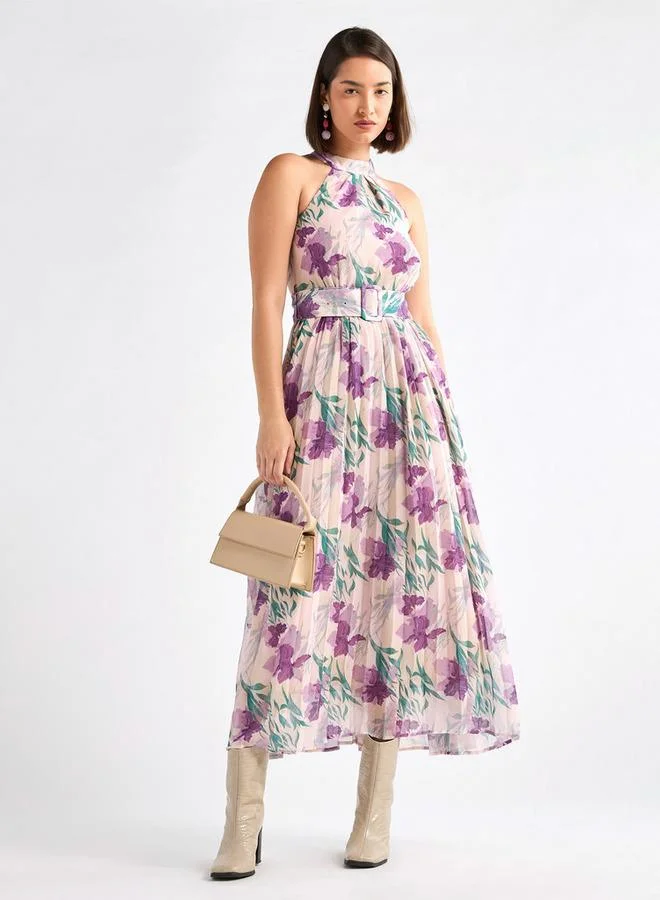 Splash FAV Floral Print Halter Neck Dress with Belt