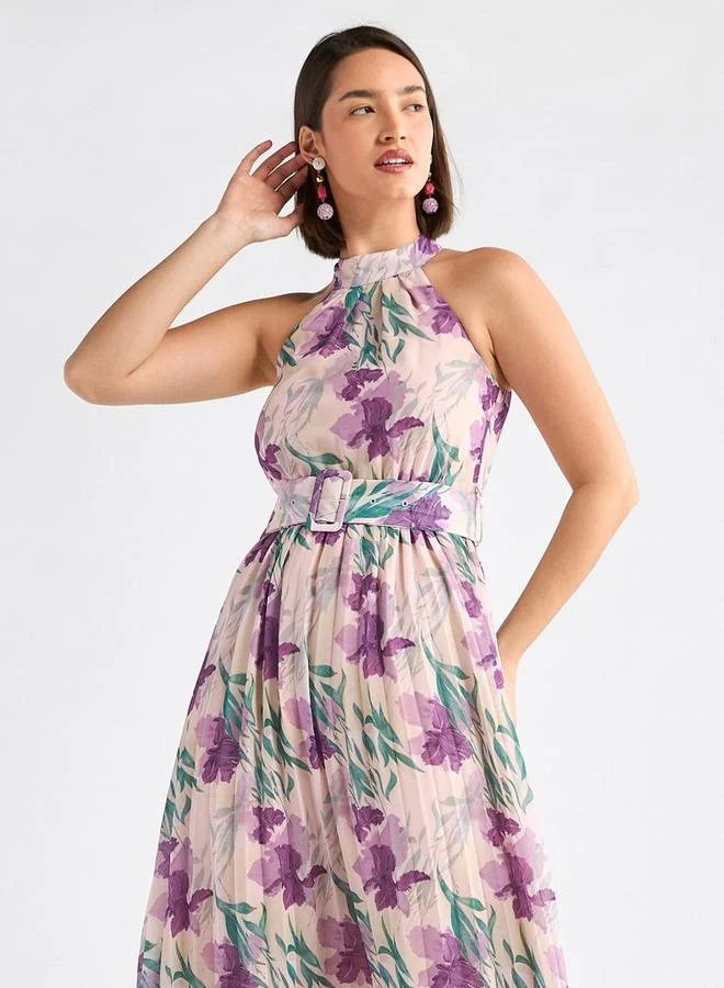 Splash FAV Floral Print Halter Neck Dress with Belt