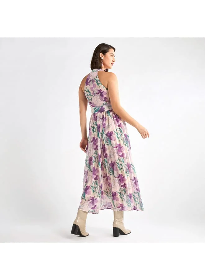 Splash FAV Floral Print Halter Neck Dress with Belt