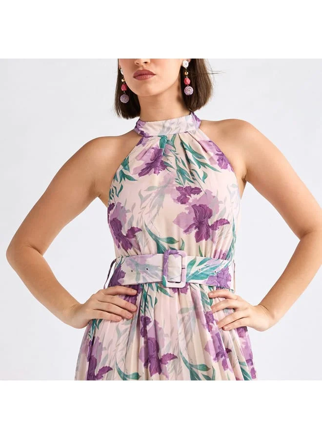 Splash FAV Floral Print Halter Neck Dress with Belt