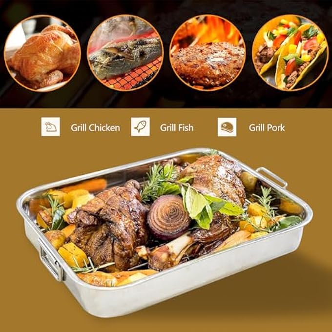 Houkiper Stainless Steel Roasting Tray With Rack 33X23X5Cm  Durable Oven Baking Pan For Meat Vegetables  Cooking Large Roasting Tin With Draining Grill Bakeware Dish - Image 5
