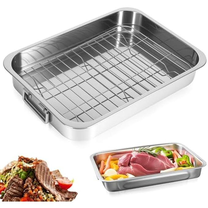 Houkiper Stainless Steel Roasting Tray With Rack 33X23X5Cm  Durable Oven Baking Pan For Meat Vegetables  Cooking Large Roasting Tin With Draining Grill Bakeware Dish - Image 1