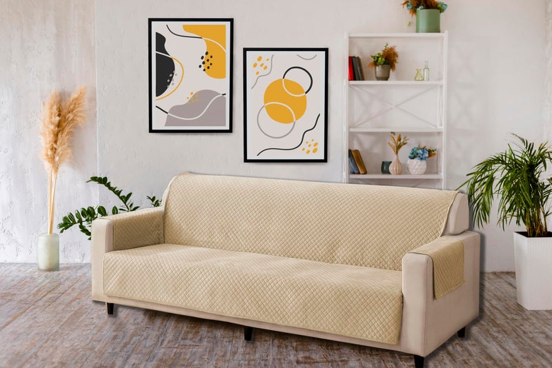 KINGLY Velvet Quilted Universal Elastic Sofa Cover Non-Slip Sofa Protector 3 Seater Armchair Cover with Machine Washable Adjustable Elastic Straps (3 Seater) (Natural Beige Light Cream) - Image 4