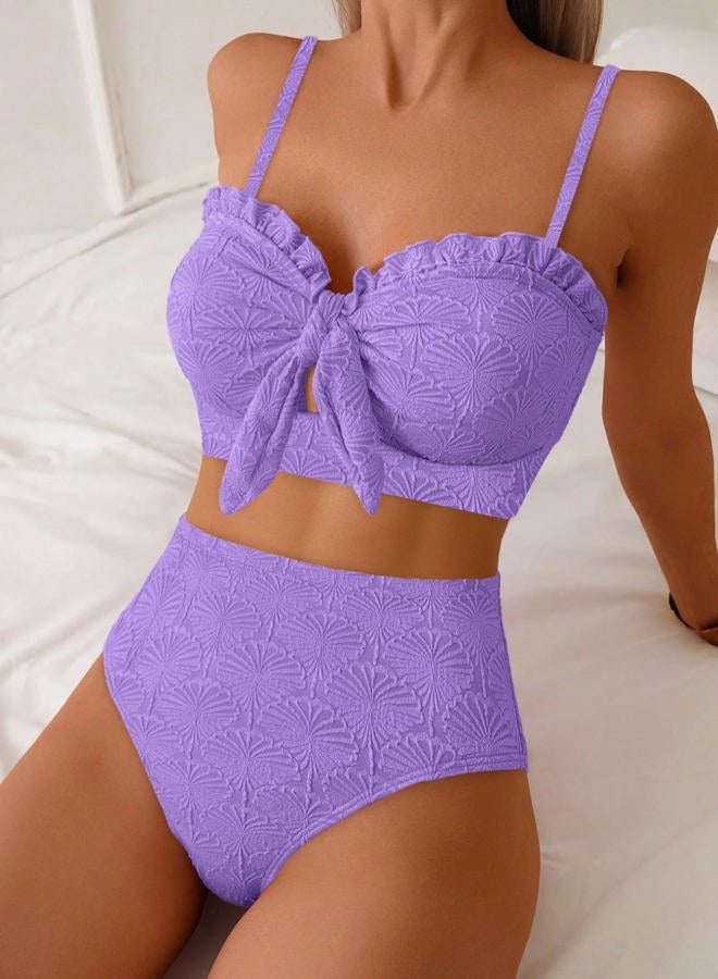 Herseas Women's Seashell Textured Bikini Sets Knotted Front 2 Piece Swimsuits Ruffle Trim Bathing Suits, Purple, XL - Image 2