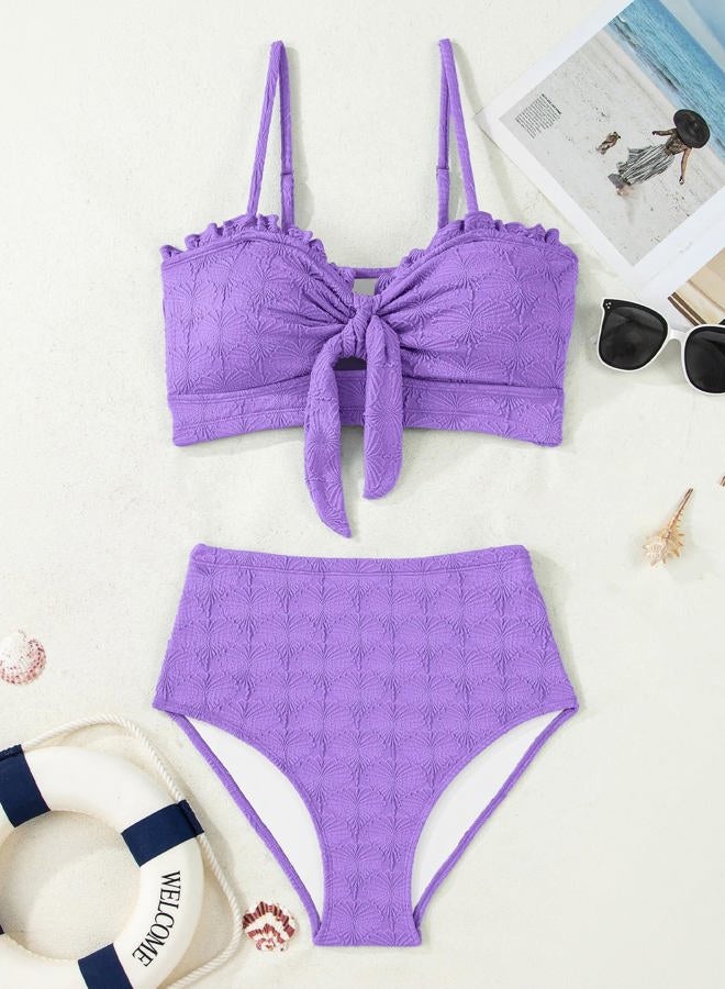 Herseas Women's Seashell Textured Bikini Sets Knotted Front 2 Piece Swimsuits Ruffle Trim Bathing Suits, Purple, XL - Image 4